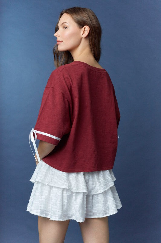 Satin Tape 'Alabama' Letter Crop Top Crimson