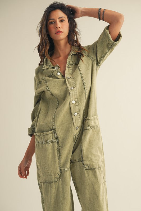 Vintage Washed Button Jumpsuit Olive