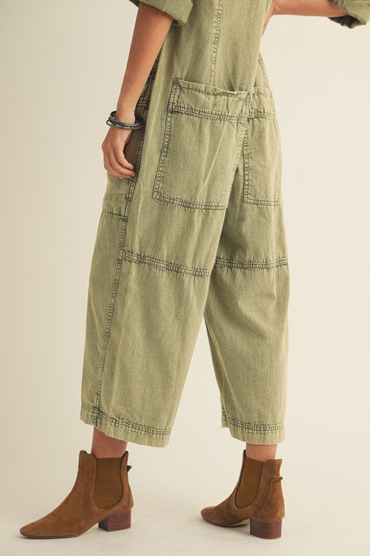 Vintage Washed Button Jumpsuit Olive