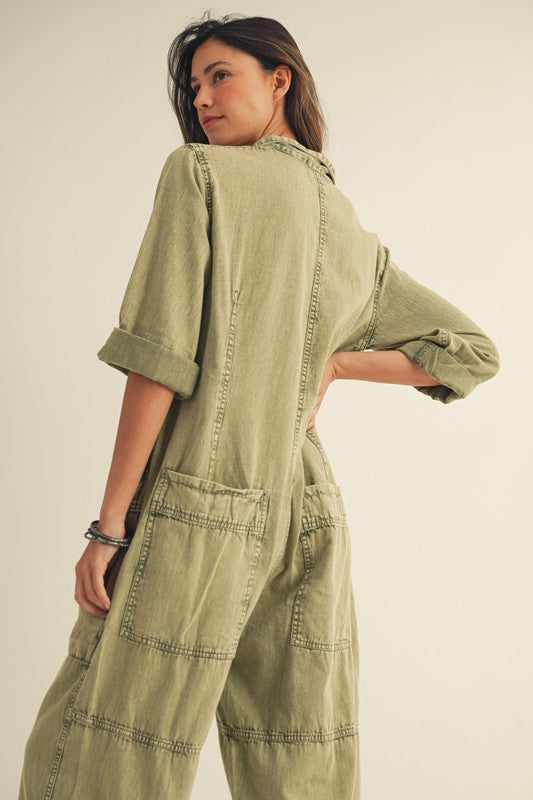 Vintage Washed Button Jumpsuit Olive