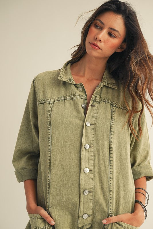 Vintage Washed Button Jumpsuit Olive