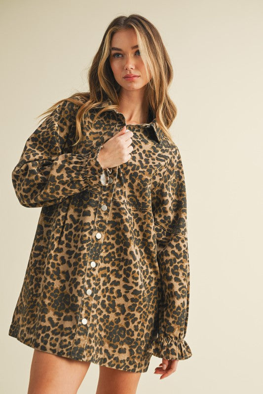 Long Sleeve Denim Dress Leopard