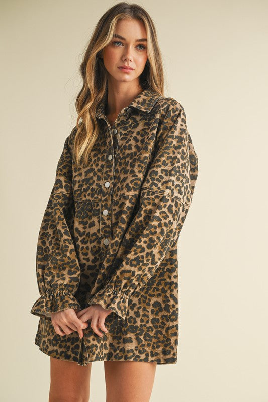 Long Sleeve Denim Dress Leopard