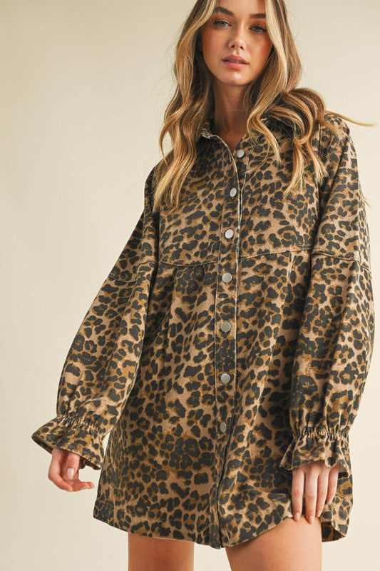 Long Sleeve Denim Dress Leopard