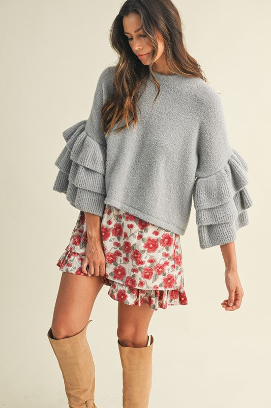 Fuzzy Tiered Ruffle Sleeve Sweater Top Grey