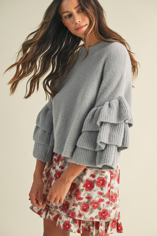 Fuzzy Tiered Ruffle Sleeve Sweater Top Grey