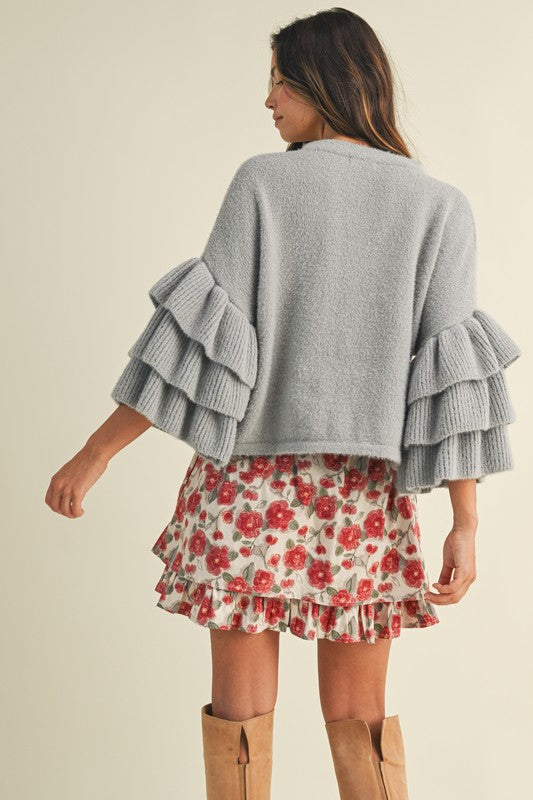 Fuzzy Tiered Ruffle Sleeve Sweater Top Grey