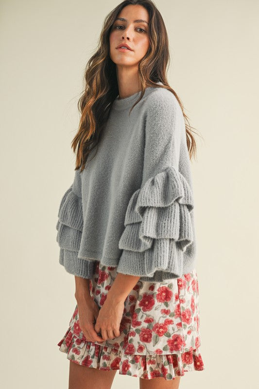 Fuzzy Tiered Ruffle Sleeve Sweater Top Grey