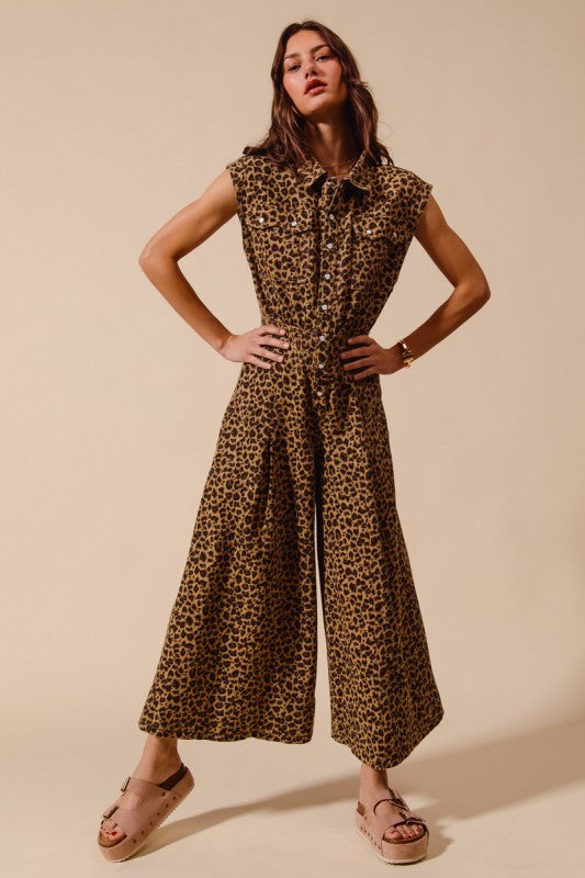 Wide Leg Overalls Jumpsuit Leopard