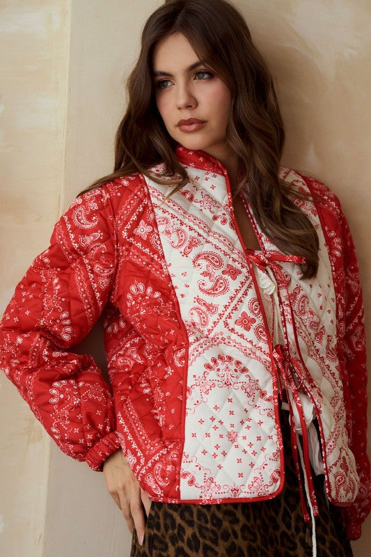 Paisley Front Ribbon String Padding Jacket Red