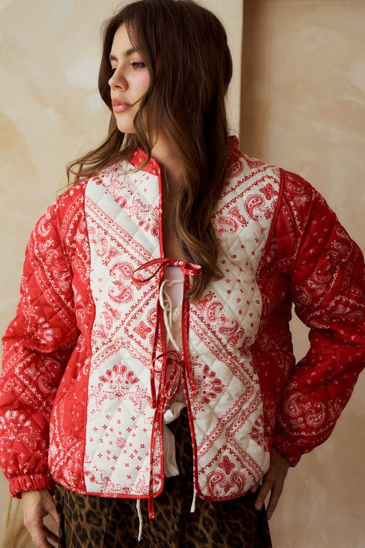 Paisley Front Ribbon String Padding Jacket Red