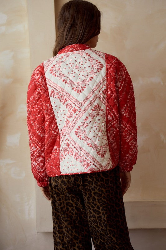 Paisley Front Ribbon String Padding Jacket Red