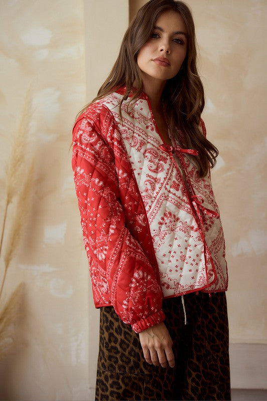 Paisley Front Ribbon String Padding Jacket Red