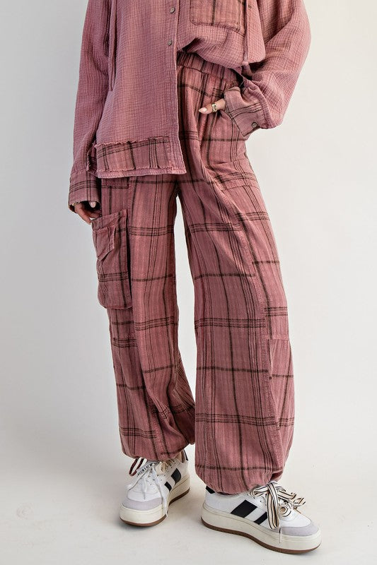 Plaid Mineral Washed Pants Mauve