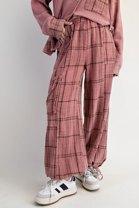 Plaid Mineral Washed Pants Mauve