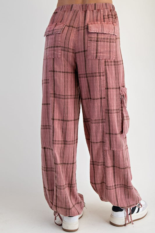 Plaid Mineral Washed Pants Mauve