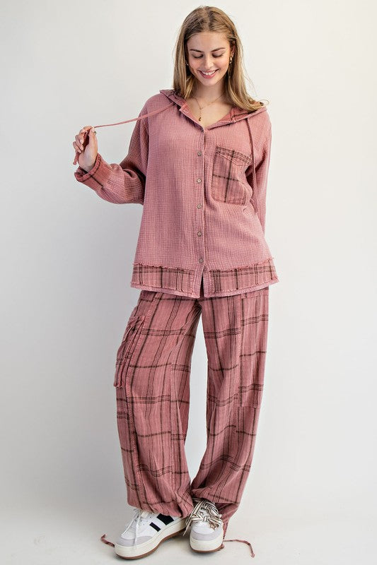 Plaid Mineral Washed Pants Mauve