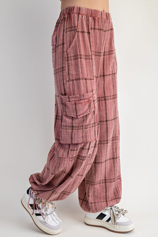 Plaid Mineral Washed Pants Mauve