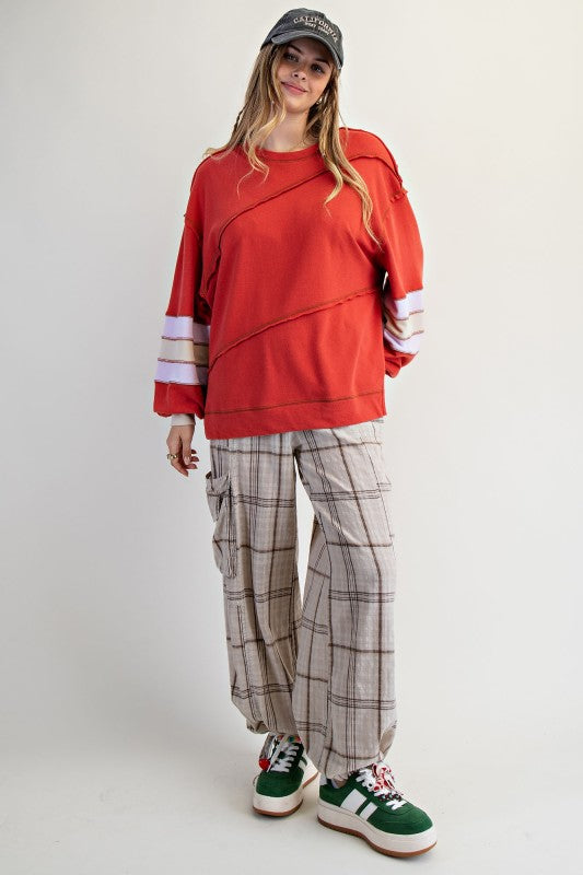 Color Mix Embroidered Washed Top Boho Red