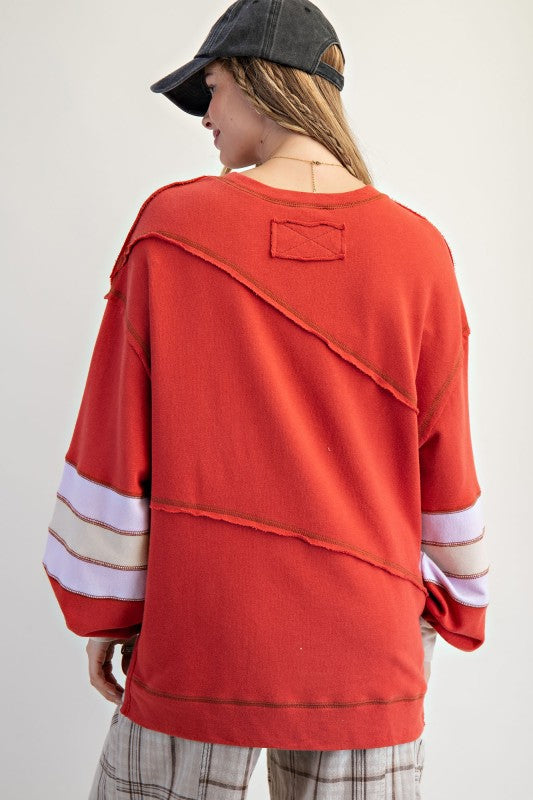 Color Mix Embroidered Washed Top Boho Red