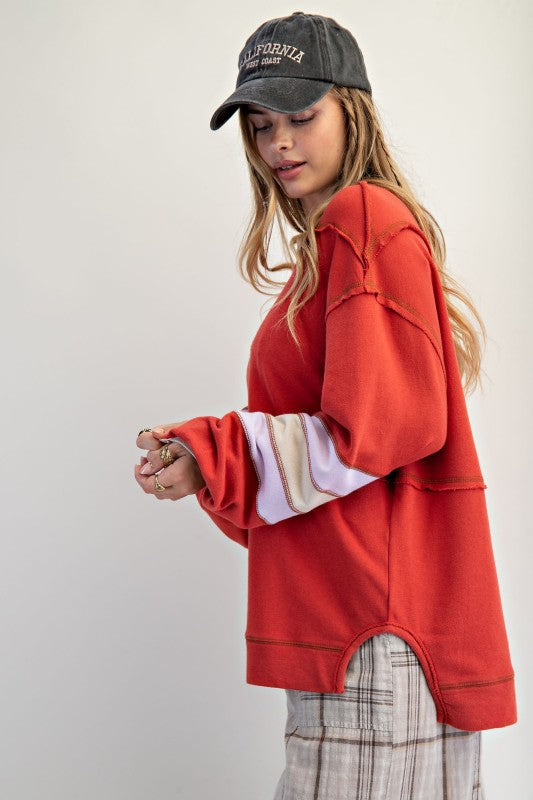 Color Mix Embroidered Washed Top Boho Red