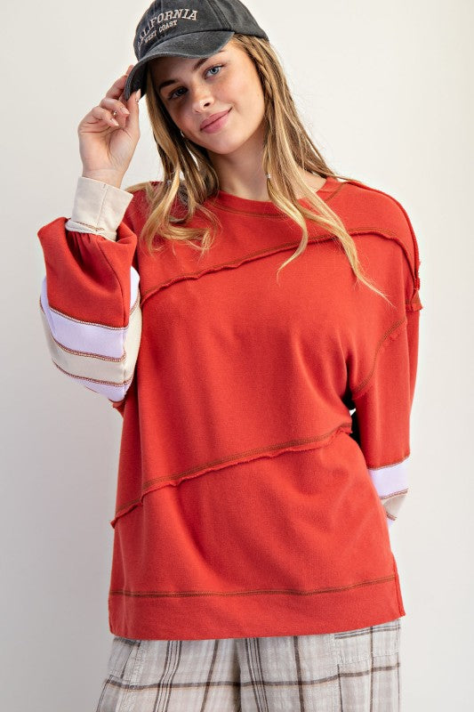 Color Mix Embroidered Washed Top Boho Red