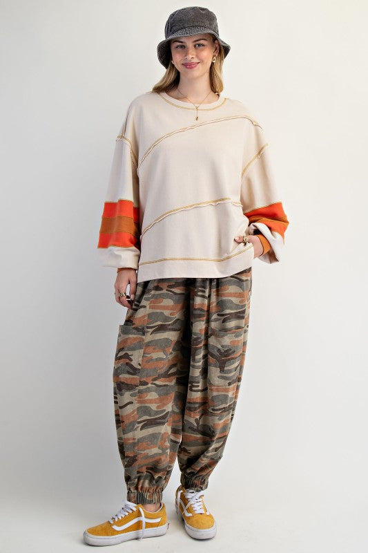 Color Mix Embroidered Washed Top Natural