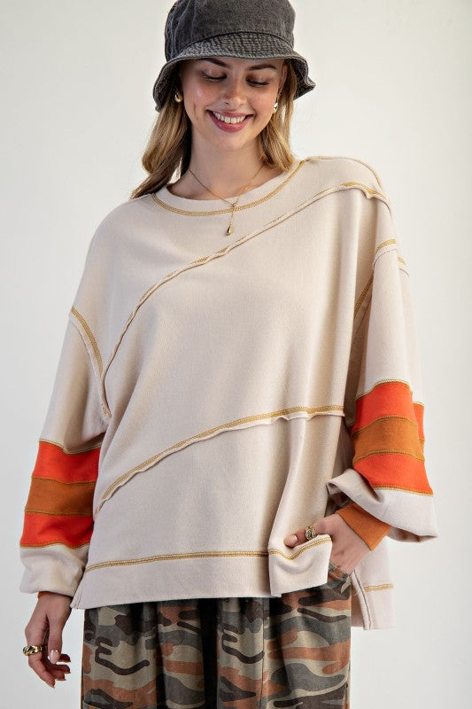 Color Mix Embroidered Washed Top Natural