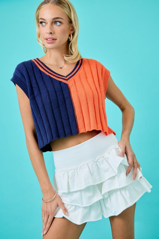 V-Neck Cropped Sweater Top Orange/Navy