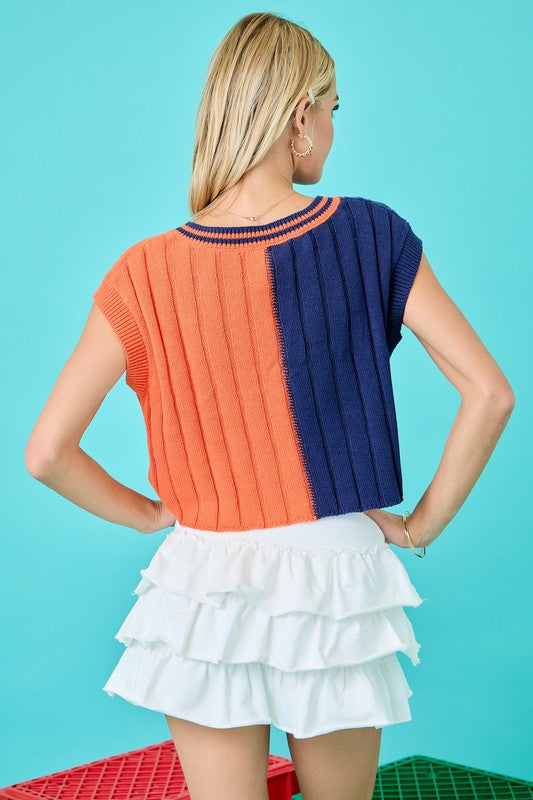 V-Neck Cropped Sweater Top Orange/Navy