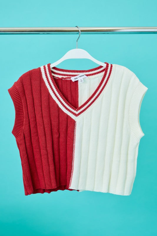 V-Neck Cropped Sweater Top Crimson/White