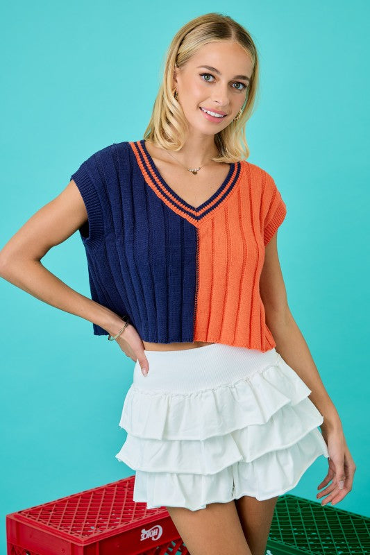 V-Neck Cropped Sweater Top Orange/Navy