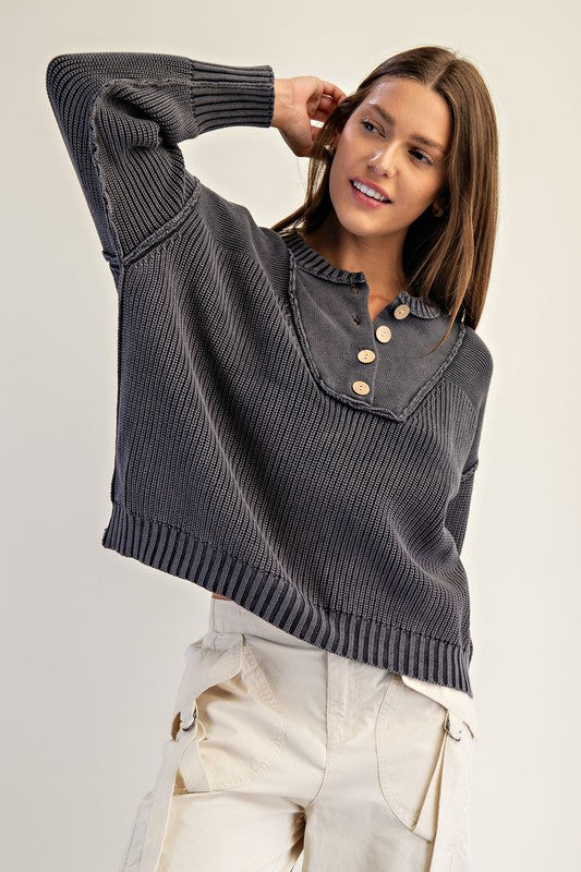 Half Button Front Knit Pullover Top Midnight