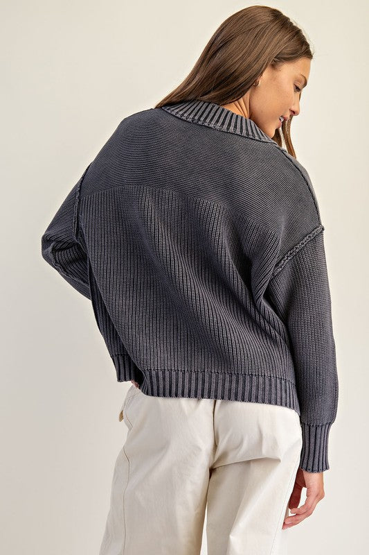 Half Button Front Knit Pullover Top Midnight