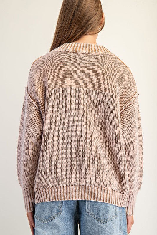 Half Button Front Knit Pullover Top Walnut
