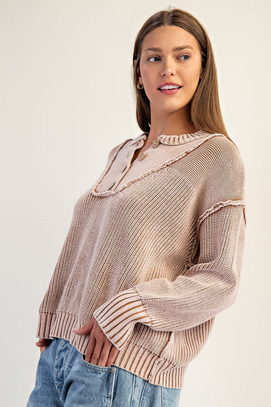 Half Button Front Knit Pullover Top Walnut