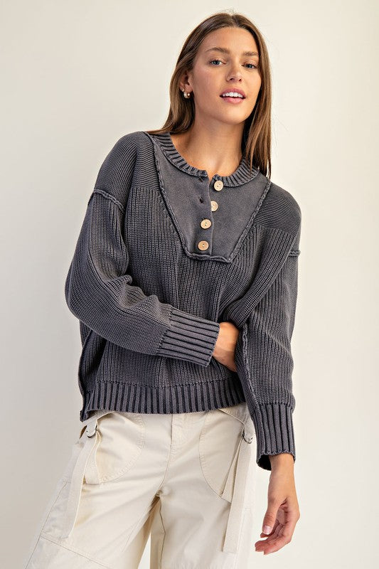 Half Button Front Knit Pullover Top Midnight