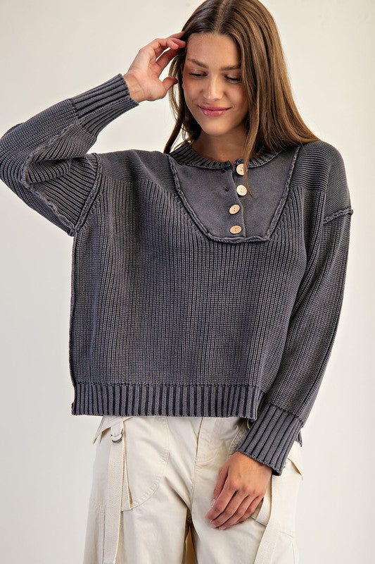 Half Button Front Knit Pullover Top Midnight