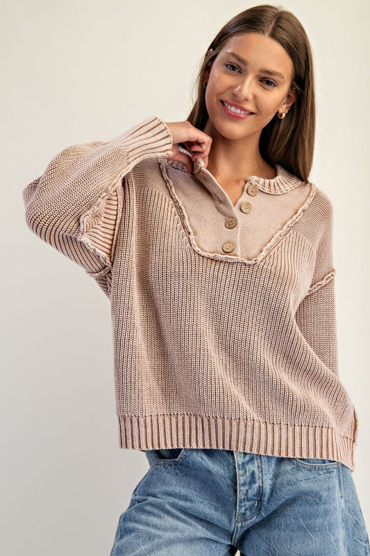 Half Button Front Knit Pullover Top Walnut