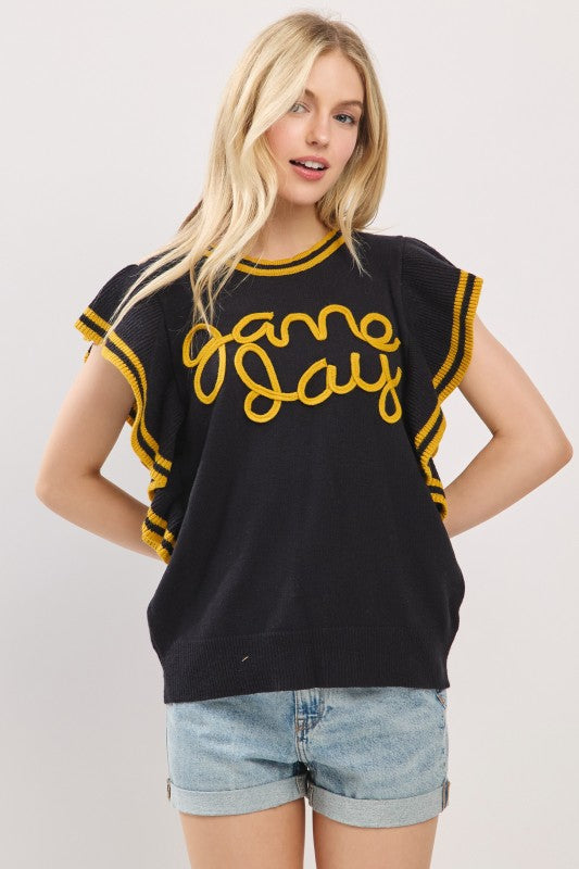 Ruffle Sleeve Game Day Knit Top Black/Gold