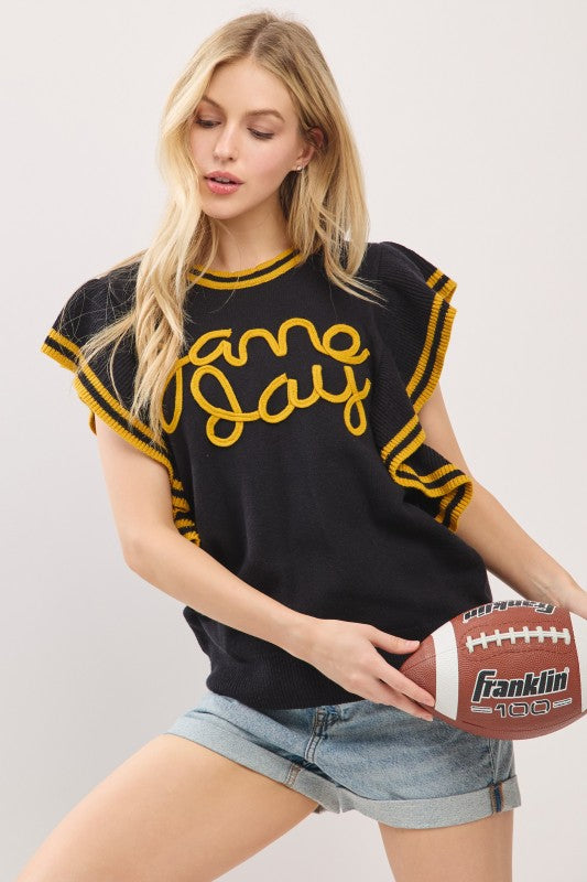 Ruffle Sleeve Game Day Knit Top Black/Gold