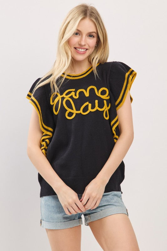 Ruffle Sleeve Game Day Knit Top Black/Gold