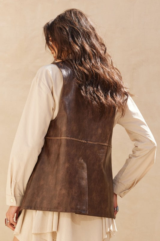 Faux Leather Snap Front Vest Espresso