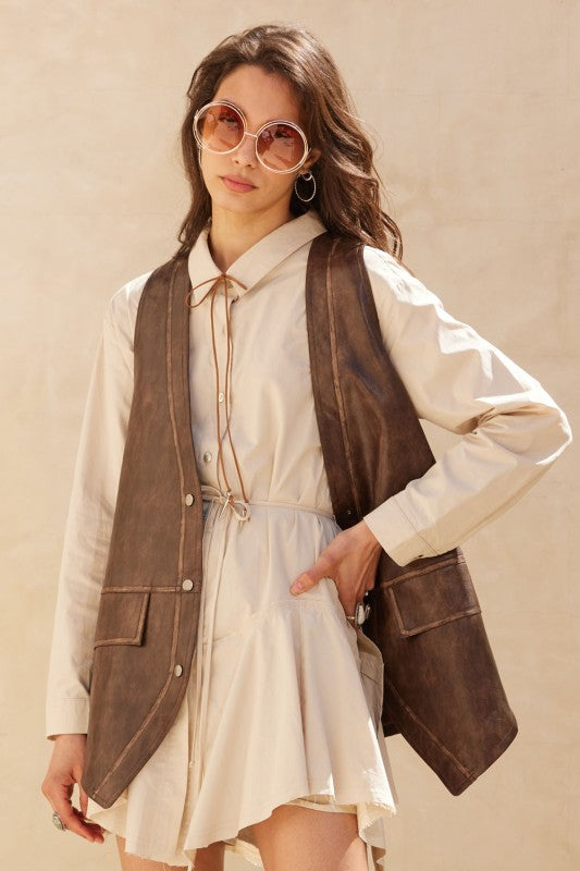 Faux Leather Snap Front Vest Espresso