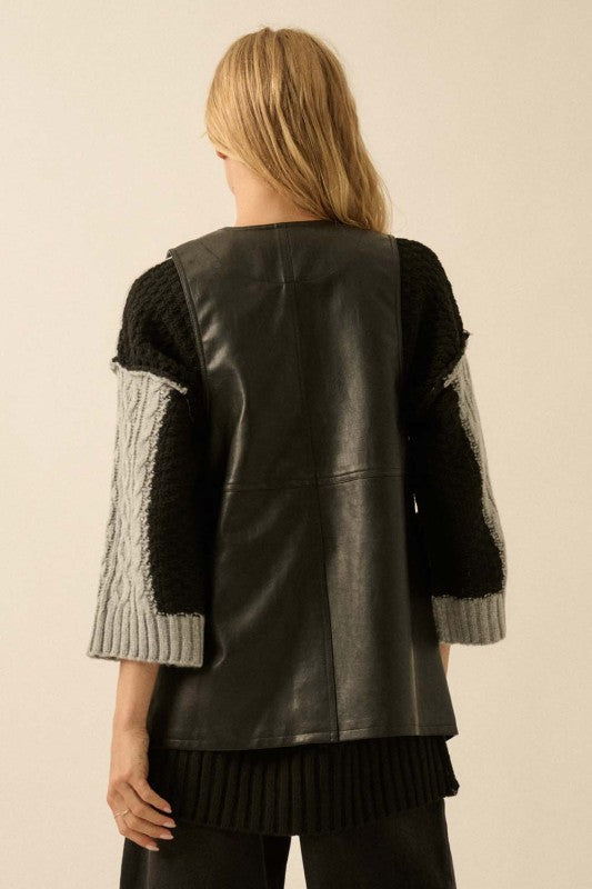 Faux Leather Snap Front Vest Black