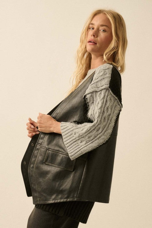 Faux Leather Snap Front Vest Black