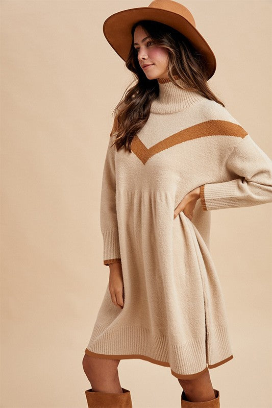 Chevron Sweater Babydoll Mini Dress Latte