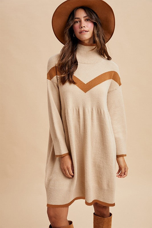Chevron Sweater Babydoll Mini Dress Latte