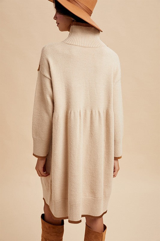 Chevron Sweater Babydoll Mini Dress Latte