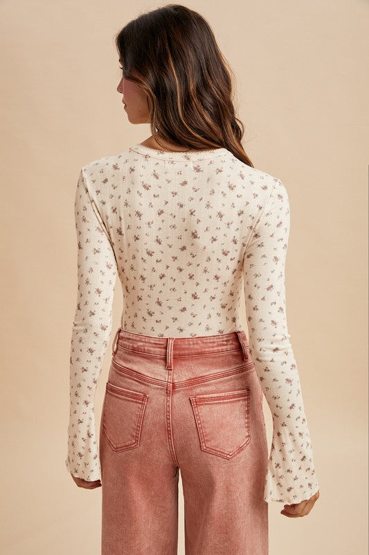 Ditsy Print Pointelle Knit Bell Sleeve Bodysuit Cream